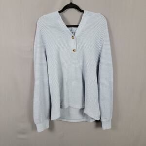 Emery Rose Waffle Knit Hooded Pullover Button Henley Top Blue Casual Layer